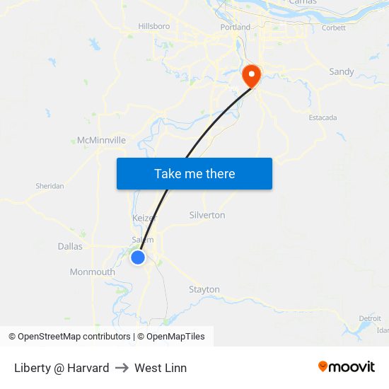 Liberty @ Harvard to West Linn map