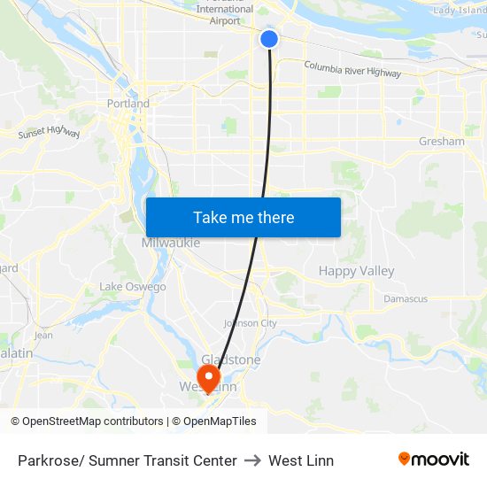 Parkrose/ Sumner Transit Center to West Linn map