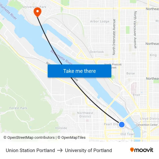 Union Station Portland to University of Portland map