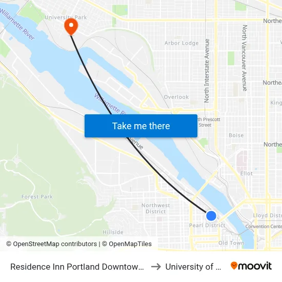 Residence Inn Portland Downtown/Pearl District to University of Portland map
