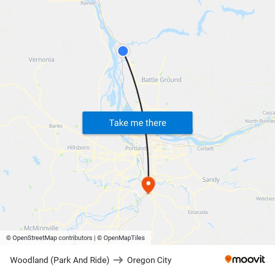 Woodland (Park And Ride) to Oregon City map