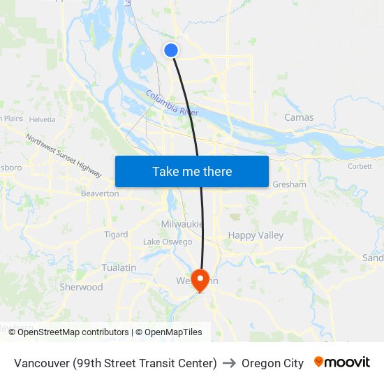 Vancouver (99th Street Transit Center) to Oregon City map