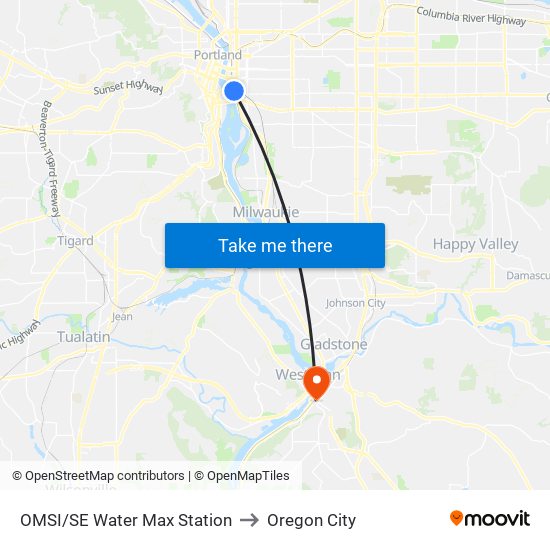 OMSI/SE Water Max Station to Oregon City map