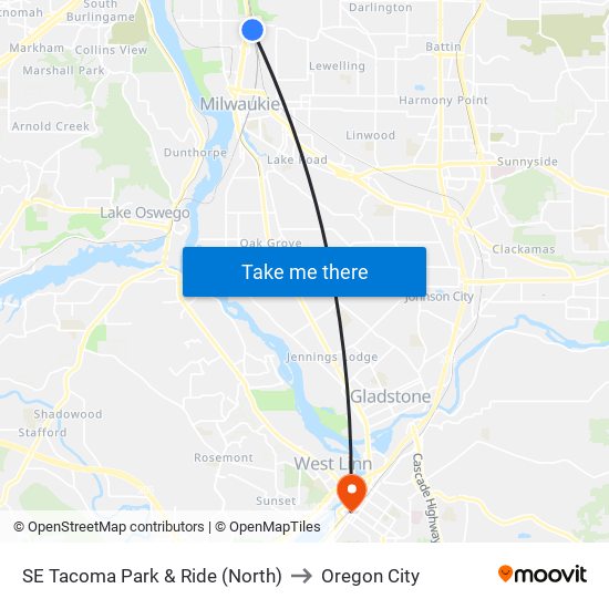 SE Tacoma Park & Ride (North) to Oregon City map