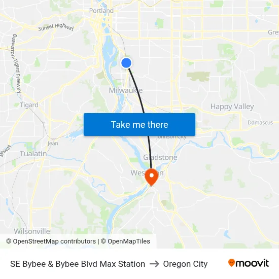 SE Bybee & Bybee Blvd Max Station to Oregon City map