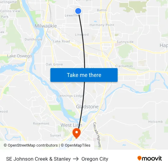 SE Johnson Creek & Stanley to Oregon City map