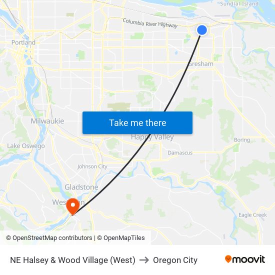 NE Halsey & Wood Village (West) to Oregon City map