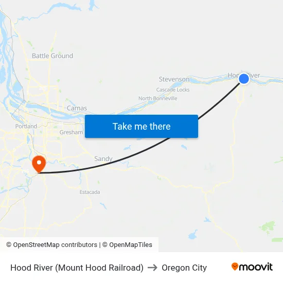 Hood River (Mount Hood Railroad) to Oregon City map