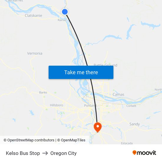 Kelso Bus Stop to Oregon City map