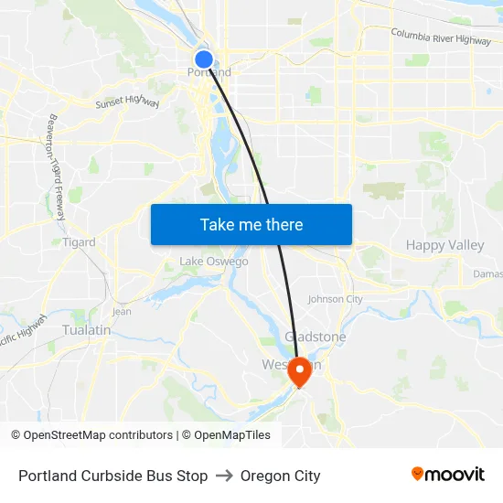 Portland Curbside Bus Stop to Oregon City map