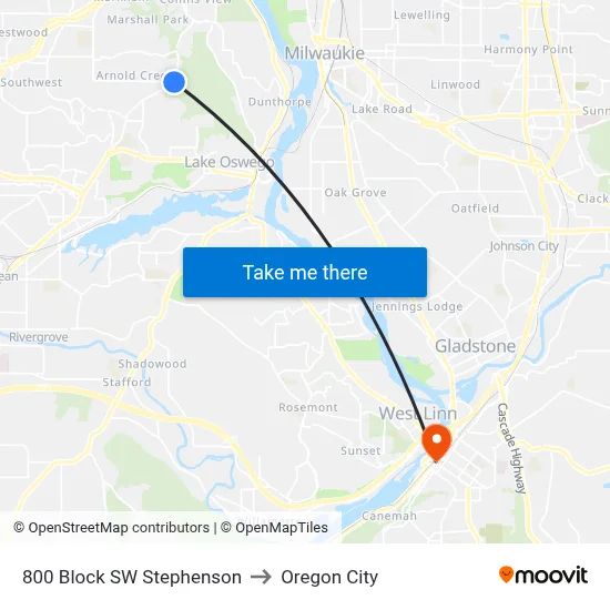 800 Block SW Stephenson to Oregon City map