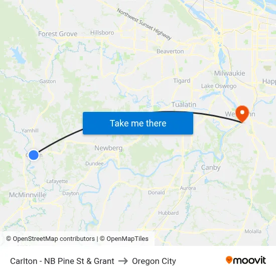 Carlton - NB Pine St & Grant to Oregon City map