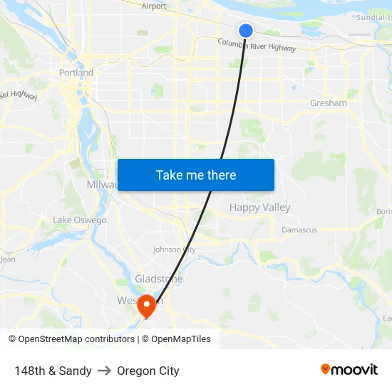 148th & Sandy to Oregon City map