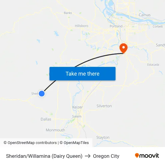 Sheridan/Willamina (Dairy Queen) to Oregon City map