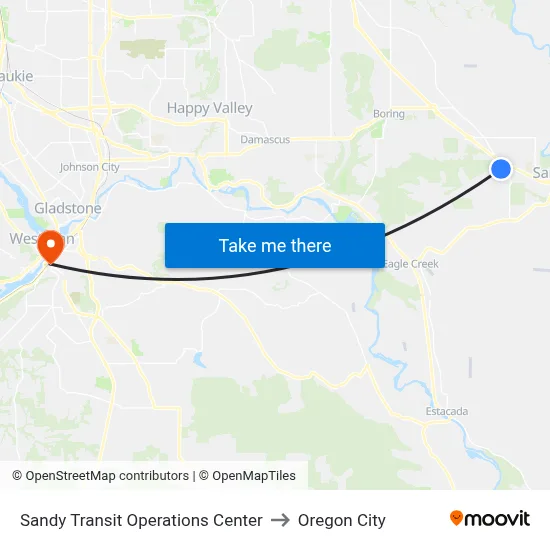 Sandy Transit Operations Center to Oregon City map