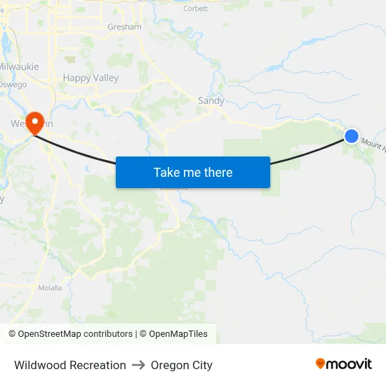 Wildwood Recreation to Oregon City map
