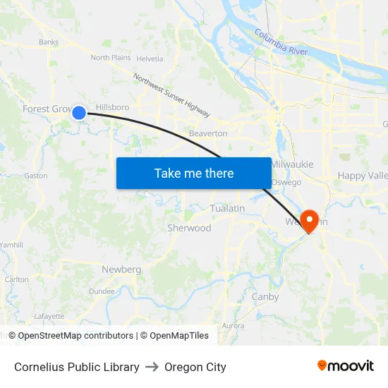 Cornelius Public Library to Oregon City map