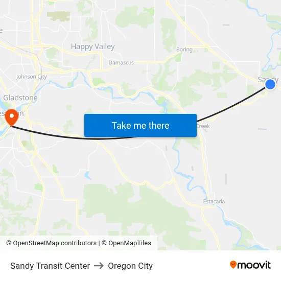Sandy Transit Center to Oregon City map