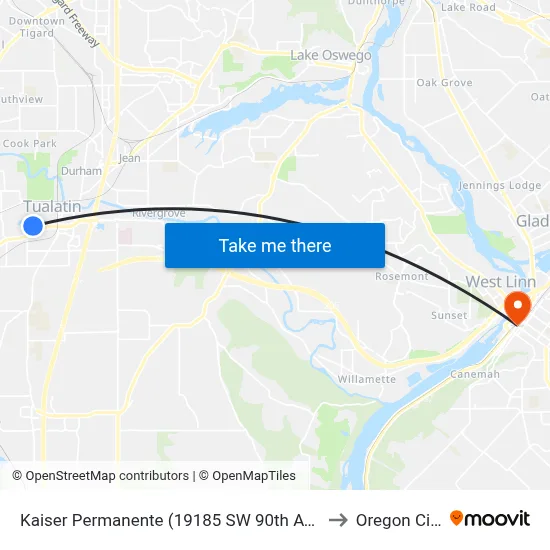 Kaiser Tualatin (19185 SW 90th Ave) to Oregon City map
