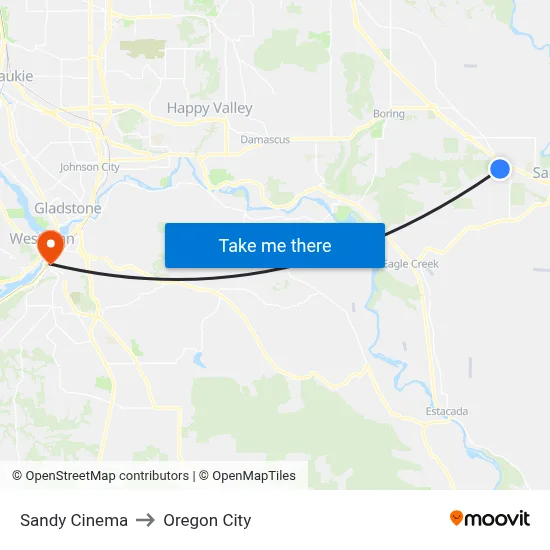 Sandy Cinema to Oregon City map