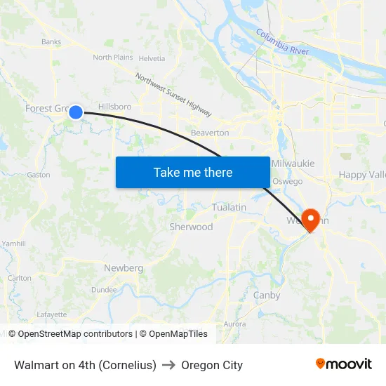 Walmart on 4th (Cornelius) to Oregon City map