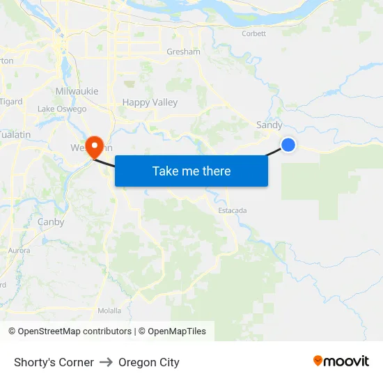 Shorty's Corner to Oregon City map