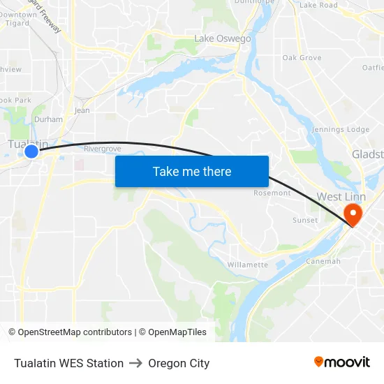 Tualatin WES Station to Oregon City map