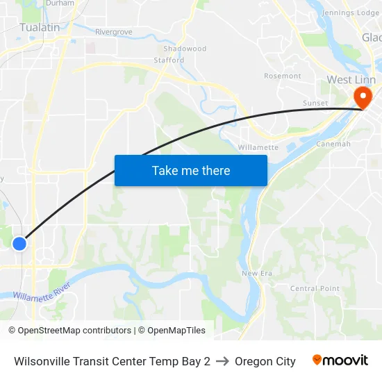 Wilsonville Transit Center Temp Bay 2 to Oregon City map