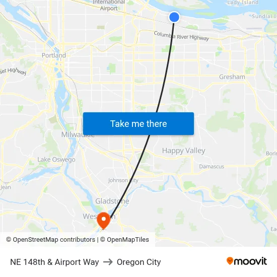 NE 148th & Airport Way to Oregon City map