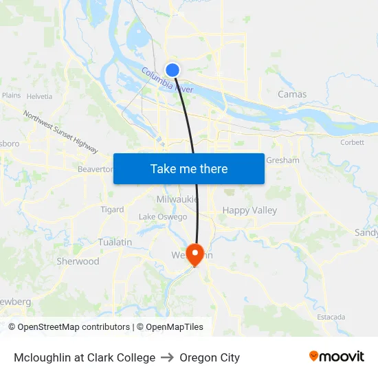 Mcloughlin at Clark College to Oregon City map