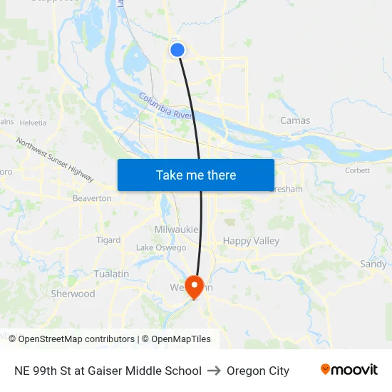 NE 99th St at Gaiser Middle School to Oregon City map