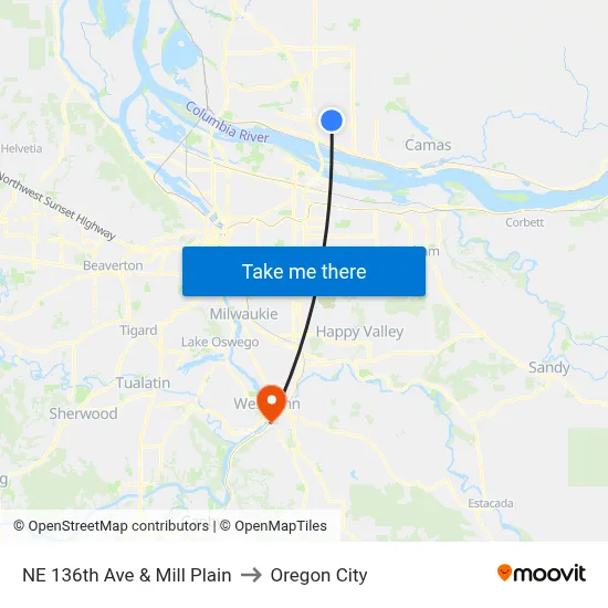NE 136th Ave & Mill Plain to Oregon City map