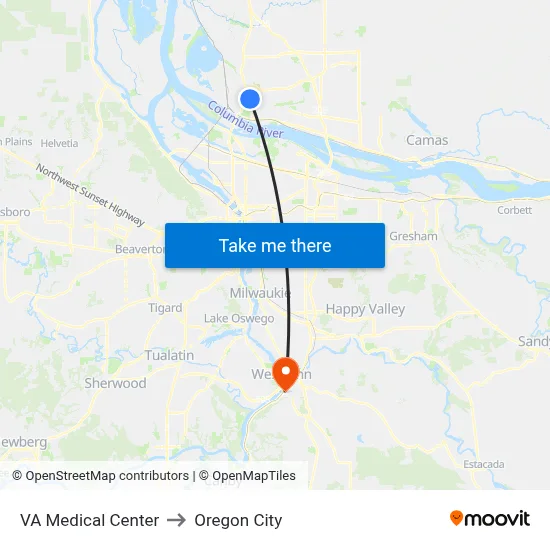 VA Medical Center to Oregon City map