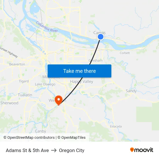 Adams St & 5th Ave to Oregon City map