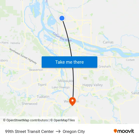 99th Street Transit Center to Oregon City map