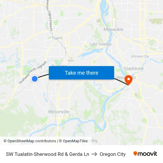 SW Tualatin-Sherwood Rd & Gerda Ln to Oregon City map