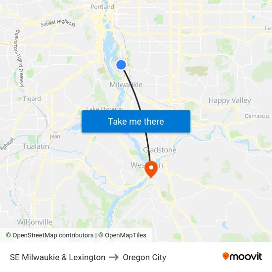 SE Milwaukie & Lexington to Oregon City map