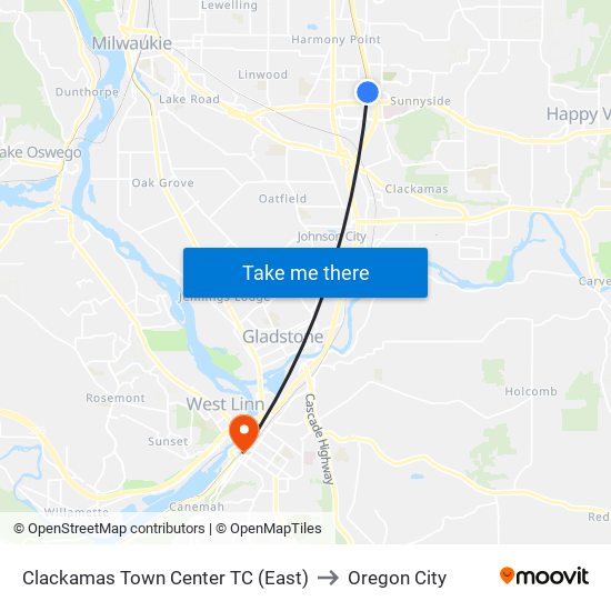 Clackamas Town Center TC (East) to Oregon City map