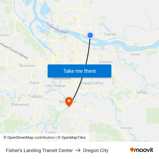 Fisher's Landing Transit Center to Oregon City map