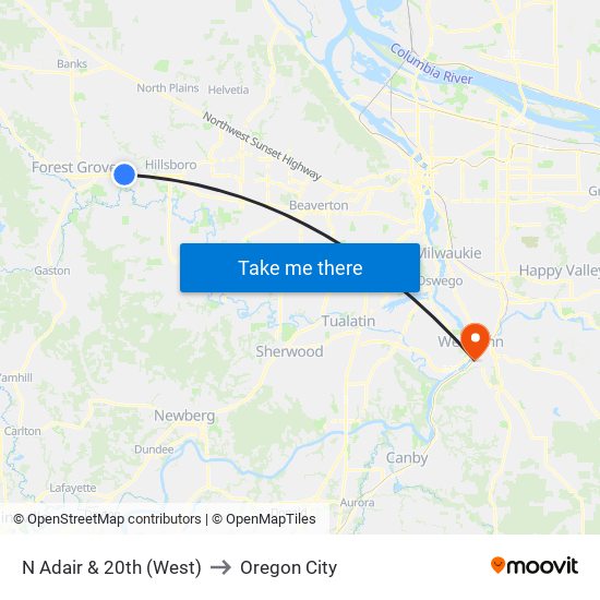 N Adair & 20th (West) to Oregon City map