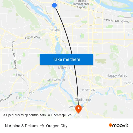 N Albina & Dekum to Oregon City map