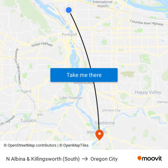 N Albina & Killingsworth (South) to Oregon City map