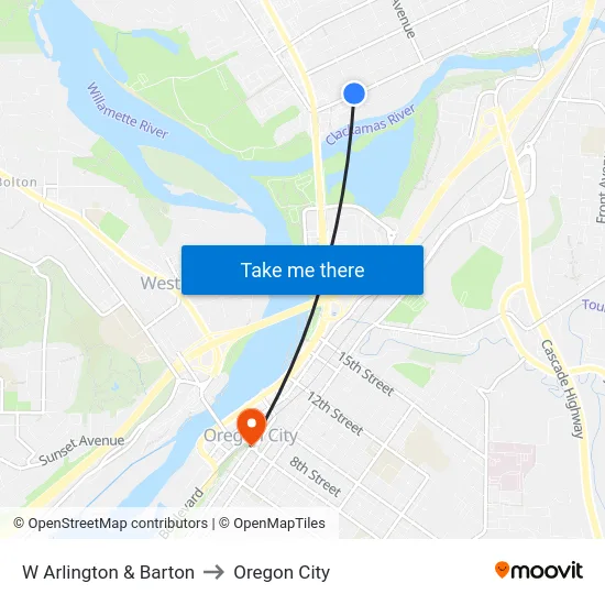 W Arlington & Barton to Oregon City map