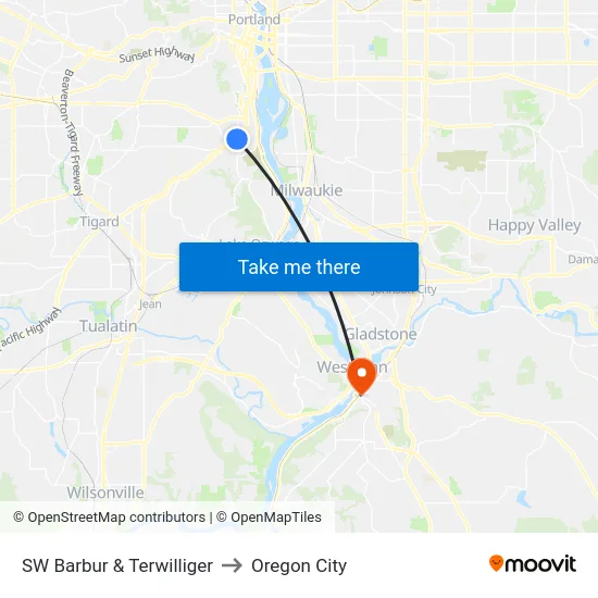 SW Barbur & Terwilliger to Oregon City map