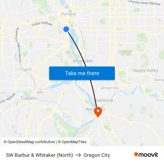 SW Barbur & Whitaker (North) to Oregon City map