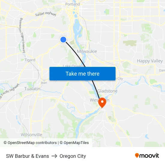 SW Barbur & Evans to Oregon City map