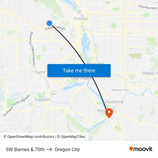 SW Barnes & 70th to Oregon City map