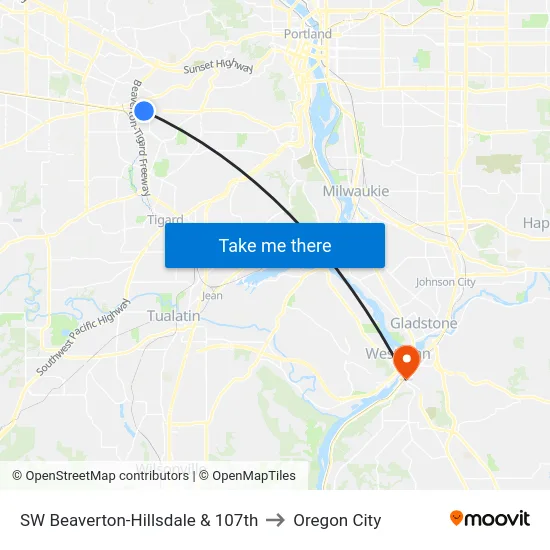 SW Beaverton-Hillsdale & 107th to Oregon City map