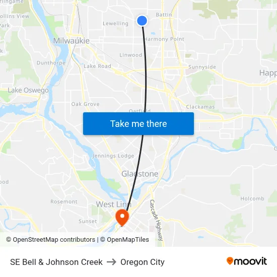 SE Bell & Johnson Creek to Oregon City map