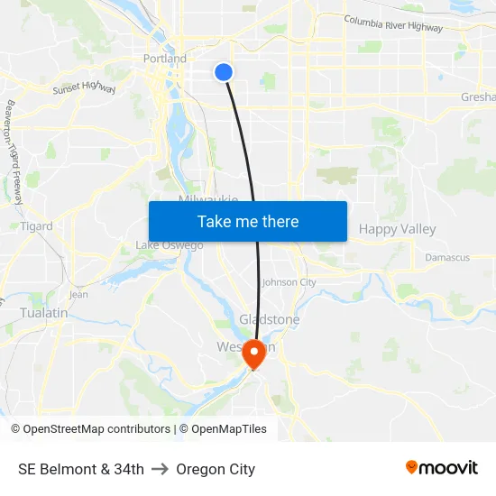 SE Belmont & 34th to Oregon City map